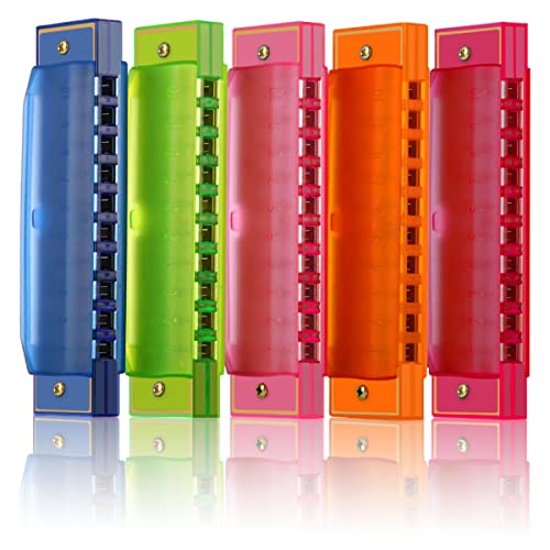 Harmonica for Kids 10 Hole Translucent Kids Harmonica, 5 Pack Educational Toys Beginners Toy Musical Instruments for Kids Children Party Holidays (Blue, Red, Green, Orange, Pink)