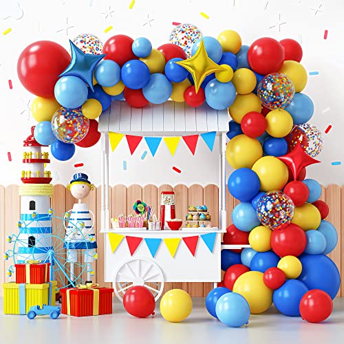 RUBFAC Carnival Circus Balloon Garland Arch Kit, 120pcs Red Blue Yellow Primary Color Balloons Rainbow Multicolor Confetti and Star Foil Balloons for Birthday Party Carnival Theme Decorations