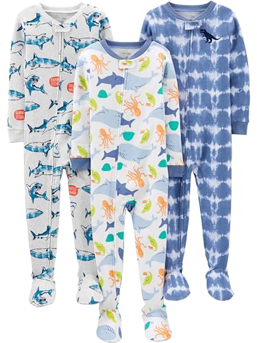Simple Joys by Carter's Baby Boys' 3-Pack Snug Fit Footed Cotton Pajamas, Sea Life/Shark/Tie Dye, 12 Months