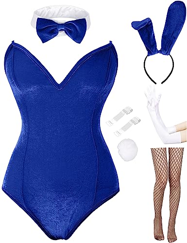 Angelaicos Womens Bunny Costume Set Senpai Cosplay Halloween Roleplay Bodysuit Stockings (Velvet Blue, Small)