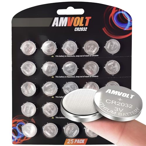 AmVolt 25 Pack CR2032 Batteries - [Extended Life] Airtag Battery 220mAh 3 Volt Lithium Replacement Airbag 3v C2032 Watch Battery Coin Round Button Cell - Key FOB - Child Resistant | 5 Year Guarantee