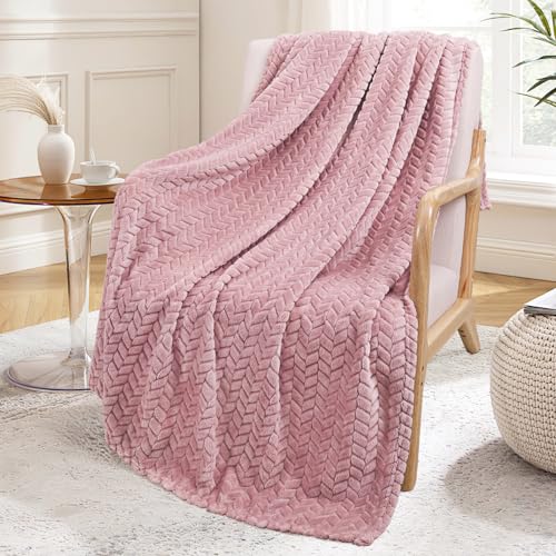 Exclusivo Mezcla Pink Fleece Throw Blanket for Couch and Bed, 50x70 Inches Soft Cozy 3D Decorative Jacquard Flannel Blankets, Lightweight Fuzzy Plush Warm Throws for All Seasons