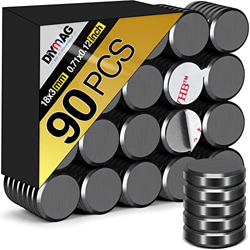 DIYMAG 90Pcs Strong Magnets for Crafts with Adhesive Backing,Ceramic Magnets Small Round Circle Magnets for Refrigerator, Craft Hobbies, Science Projects & School Notice Boards (Black,0.7 * 0.12inch)