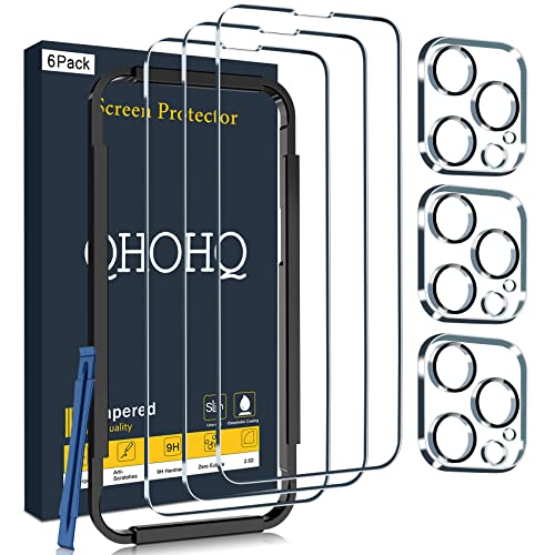 QHOHQ 3 Pack Screen Protector for iPhone 14 Pro 6.1 Inch with 3 Pack Tempered Glass Camera Lens Protector, Ultra HD, 9H Hardness, Scratch Resistant, Case Friendly