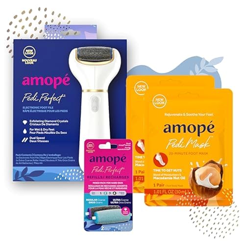 Amopé Pedicure Value Kit, Spa Pampering Pack, Self-Care & Relaxation Gift, contains Pedi Perfect Electric Callus Remover Foot File, 2 Macadamia Oil PediMask Foot Masks, 2 Roller Heads – 4 pieces