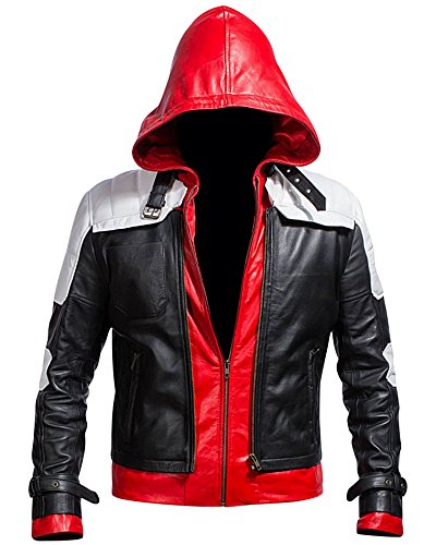 Superhero Bat Style Red Hood Men's Faux Leather Jacket + Vest (XXX-Large, White)