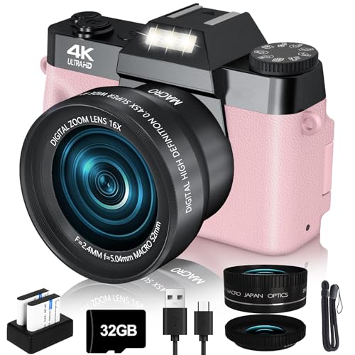 VJIANGER 4K Vlogging Camera for YouTube 48MP Digital Camera for Photography and Video with Flip Screen, Manualfocus, 16X Digital Zoom, 52mm Wide Angle & MacroLens, 32GB TF Card, 2 Batteries(Pink)