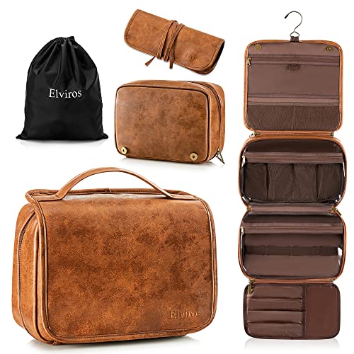 Elviros Toiletry Bag Hanging Travel Organizer for Men and Women, 3 in 1 Multifunctional Large Makeup Cosmetic Case for Toiletries Accessories, Water-resistant PU Leather Bathroom Dopp Kit Shaving Bag