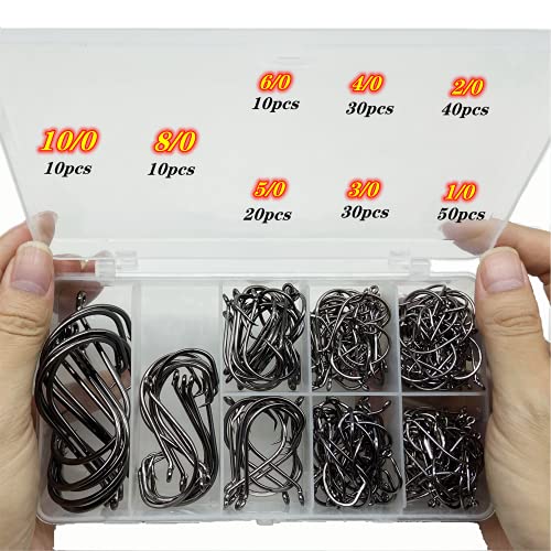 DAMIDEL 200Pcs/Box（Size:10/0... to...1/0 Strong Octopus Fishing Hooks, Forged Steel/Barded Design, Off-Set Point/Closed Eye, Strong/Sturdy, 10/0 8/0 6/0 5/0 4/0 3/0 2/0 1/0 Mixed Packaging