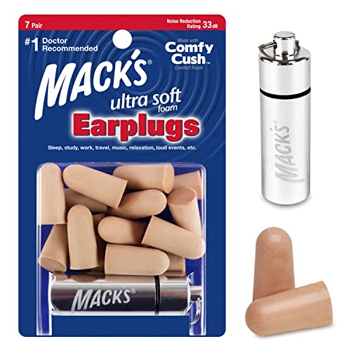 Mack’s Ultra Soft Foam Earplugs, 7 Pair + Case – 33 dB Highest NRR, Comfortable Ear Plugs for Sleeping, Snoring, Travel, Concerts, Studying and Noise