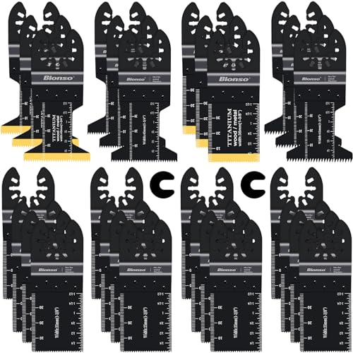 Bionso 30PCS Oscillating Saw Blades, Professional Universal Titanium Multitool Blades for Wood Plastics Metal, Quick Release Multi Tool Blades Kits Fit Dewalt Ryobi Milwaukee Rockwell Fein Makita