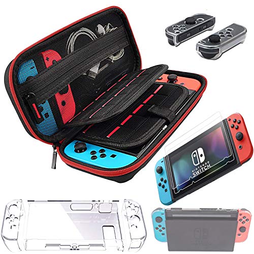 Switch Accessories Carry Case for Nintendo Switch Joy Con Covers Transparent Switch Hard Cover9H Tempered Glass Screen Protector (red)