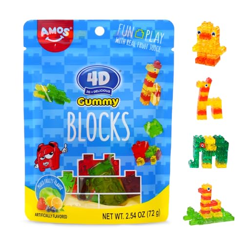 AMOS 4D Gummy Blocks Candy Bricks, Edible Building Blocks, Themed Novelty Candy for Kids Birthday Party, Cupcake Topper, Gluten Free, Resealable 2.54oz Bag (Pack of 3)