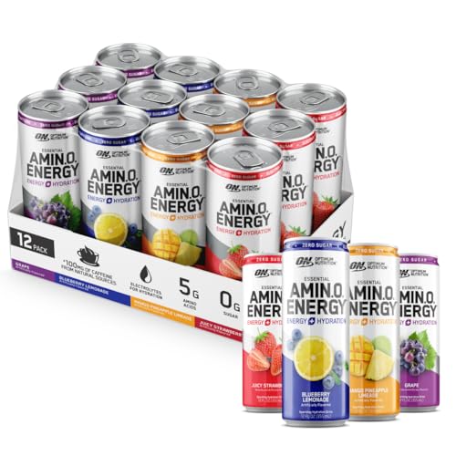 Optimum Nutrition Amino Energy Sparkling Hydration Drink, Electrolytes, Caffeine, Amino Acids, BCAAs, Sugar Free, 12 Fl Oz, Variety Pack of 12 (Packaging May Vary)
