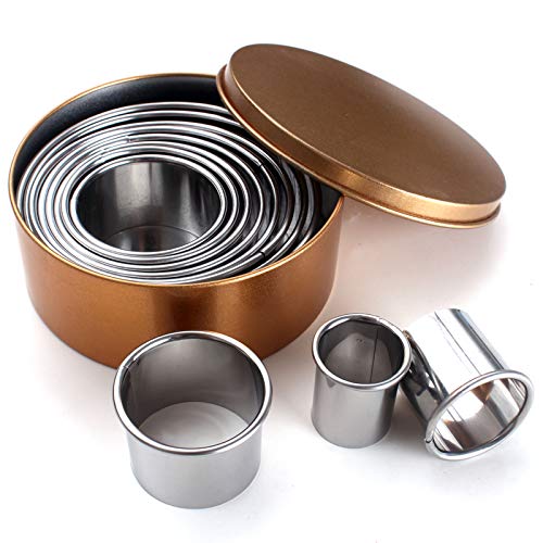 HAZOULEN Round Stainless Steel Cookie Biscuit Cutters Set in Storage Tin, Assorted Sizes, 11 Pieces