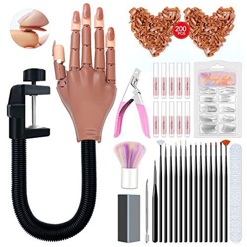 Saviland Practice Hand for Acrylic Nails, Flexible Moveable Fake Hands, Manicure Trainng Hand Nail Kit for Beginners, Movable Nail Maniquin Hand with 200PCS Nail Tips, Nail Glues, Brush and Clipper