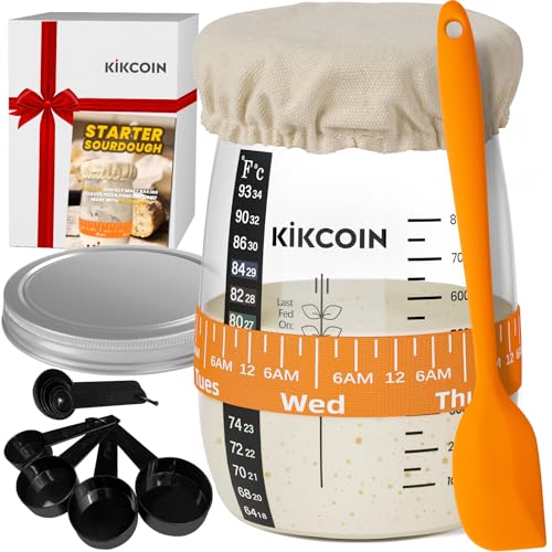 Kikcoin Sourdough Starter Kit, 35oz Large Capacity Sourdough Starter Jar with Date Marked Feeding Band, Thermometer, Stainless Steel Lid, Measuring Spoons, Reusable Sourdough Bread Baking Supplies