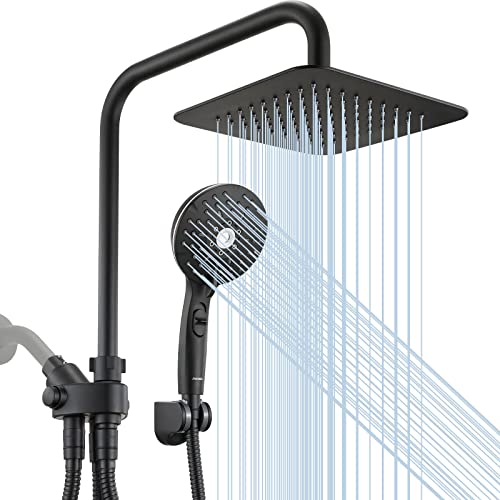 Ryamen Dual Shower Head Combo, Black 8'' High Pressure Rain/Rainfall Shower Head,5 Settings Adjustable Handheld Showers,with 15' Height Adjustable Slide Bar,Holder/59’‘ Hose