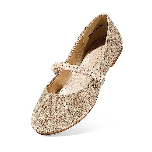 DREAM PAIRS Girls Dress Shoes - Mary Jane Casual Slip On Ballerina Flat, Gold/Glitter - 1 Little Kid (Serena-100-inf)