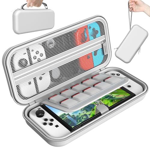 HSTOP Switch Carrying Case Compatible with Nintendo Switch/Switch OLED, Portable Travel Carry Case for Switch Console & Accessories with 10 Games Cartridges, White
