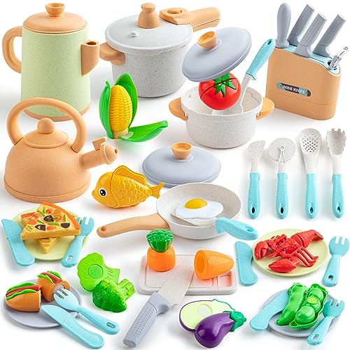 TIKJOYFUL 42Pcs Play Kitchen Accessories, Kids Kitchen Pretend Play Toys with Play Pots and Pans, Utensils Cookware Toys, Play Food Set, Toy Vegetables, Learning Gift for Girls Boys