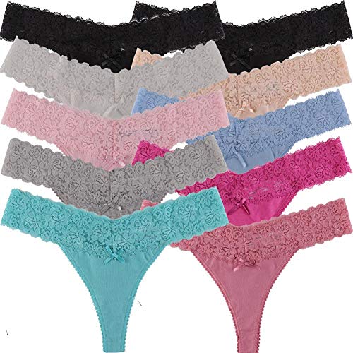 UWOCEKA Cotton Thongs for Women,Variety of Thong Lace Trim 10 Pack of Undies Panties Tanga(L)