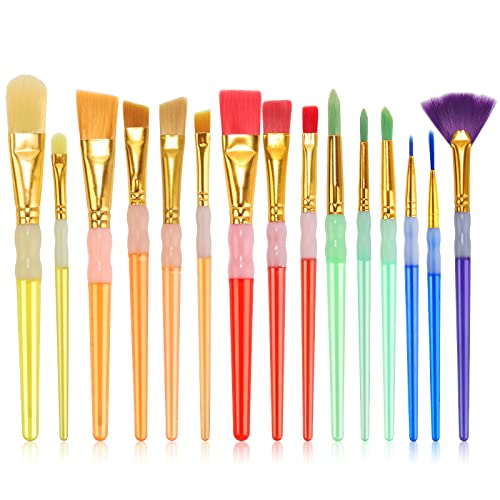 15Pcs Paint Brushes Value Pack, Includes 15 Different Types of Brushes, Nylon Colorful Hair with Silicone Crystal Penholder, Prefect Works with Oil, Acrylic and Watercolor Painting