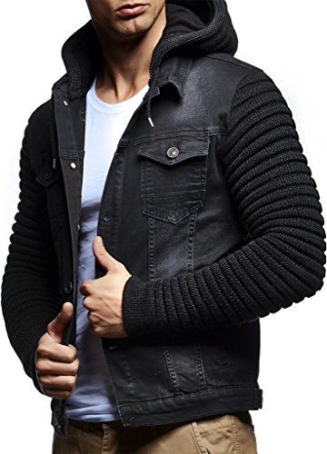 Leif Nelson LN5240 Men's Casual Denim Jacket with Knitted Sleeves; Size L, Black