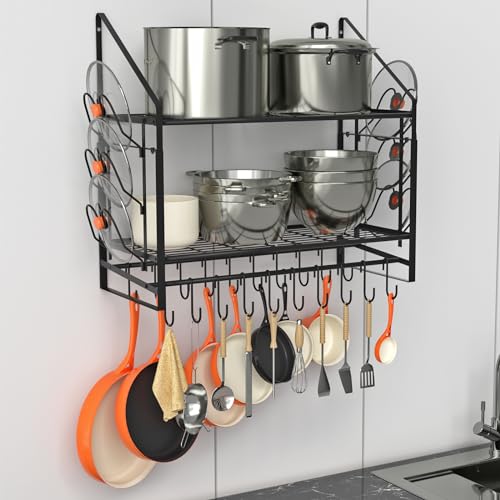 VyGrow Pot Rack Wall Mmounted, 2 Tier Pots and Pans Organizer with 20 Hooks and 6 Pot Lid Holders, Heavy Duty Steel Pot and Pan Hanger for Kitchen Cookware Utensils Storage 28.5' Lx12.2 Wx26.4 H