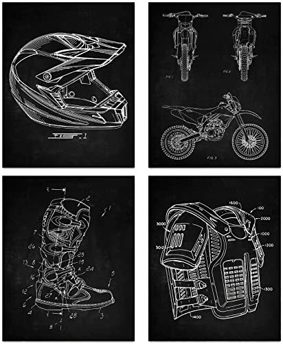 MOOXO Motorcycle Dirt Bike Patent Wall Art, Vintage Motocross Canvas Posters, Helmet Body Armor Motorbike Boots Art Prints for Man Cave Garage Home Decor, Set of 4(8'x10' Unframed)