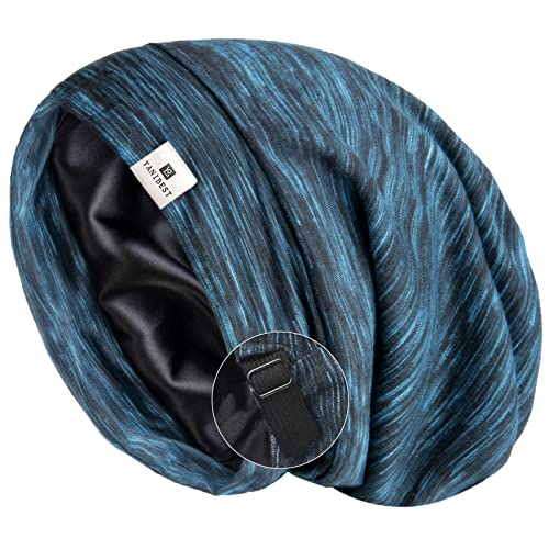 YANIBEST Silk Satin Bonnet Hair Cover Sleep Cap - Blue Adjustable Stay on Silk Lined Slouchy Beanie Hat for Night Sleeping