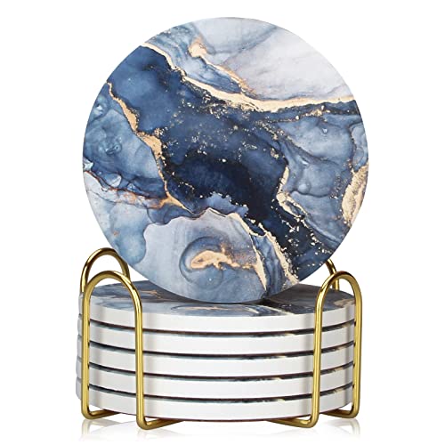 6 Pcs Navy Blue Marble Abstract Ceramic Coasters with Holder Best Absorbent Drink Coasters Round Ceramic Table Coasters Set Decorative Coffee Cup Beverage Coasters Wine Beer Bar Coasters