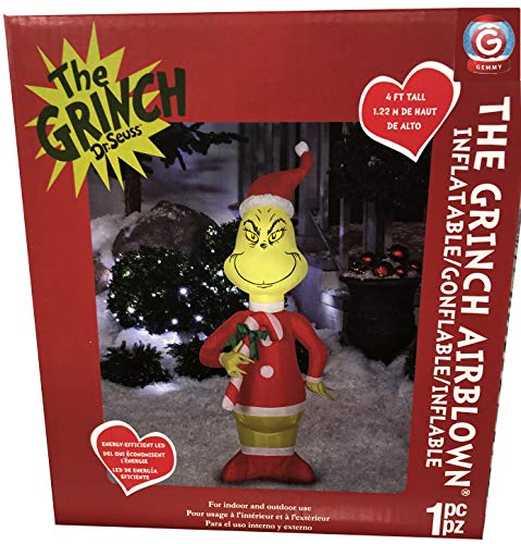 Gemmy 4' Christmas Airblown Inflatable Dr. Seuss Grinch with Candy Cane Indoor/Outdoor Holiday Decoration