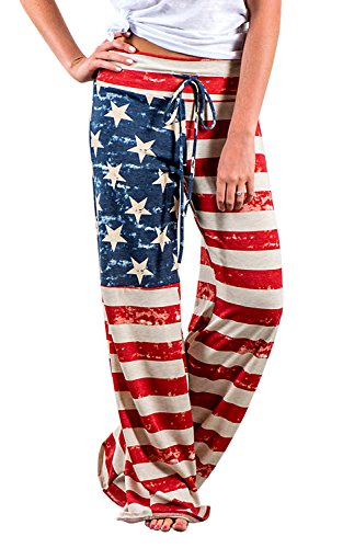 Women's Pajamas Pants 4th of July American USA Flag High Waisted Wide Leg Palazzo Pants Bottoms Drawstring Trousers (Tag S (US 4), Red)