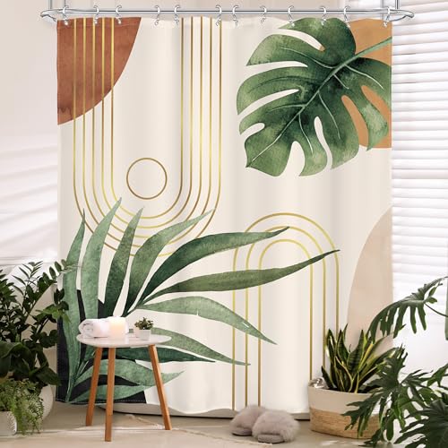 Glawry Mid Century Plant Shower Curtain 72Wx72L Inches Boho Botanical Tropical Abstract Minimalist Bohemian Leaves Bathroom Curtains Set Palm Leaf Green Bath Accessories Art Home Decor Fabric