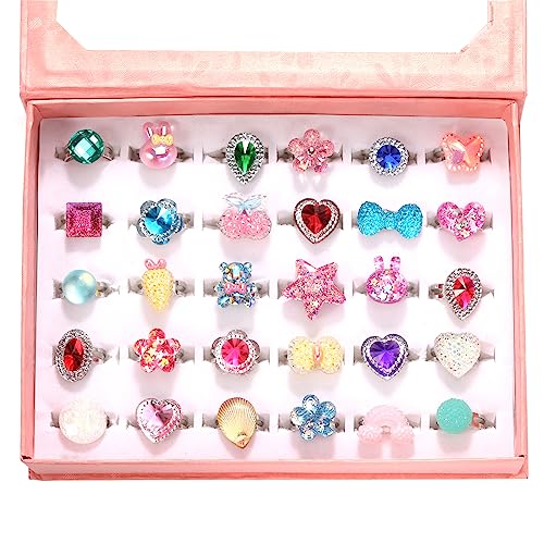 PinkSheep Little Girl Jewel Rings in Box, Adjustable, No duplication, Girl Pretend Play and Dress Up Rings (30 Jewel Ring)