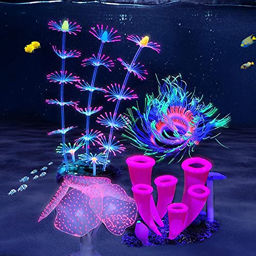 ZtohPyo 4 Pieces Silicone Glow Fish Tank Decorations Plants with Simulation Silicone Coral, Artificial Horn Coral,Fluorescence Sea Anemone for Aquarium Fish Tank Glow Ornament
