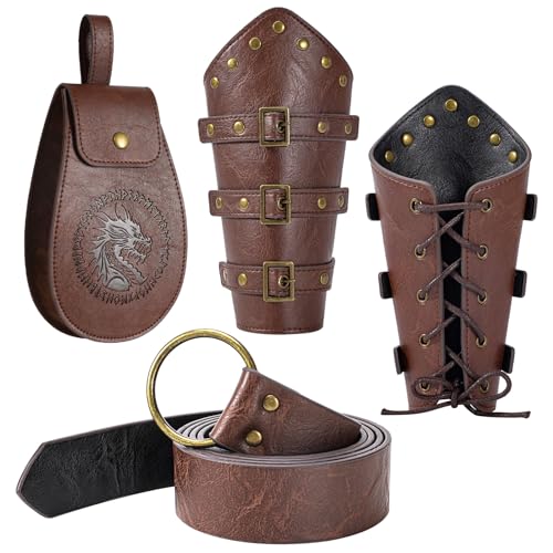 Berenlu 3 PCS Renaissance Accessories, Viking Renaissance Belt Medieval Vintage Belt Pouch and Leather Bracers, Enhance Your Halloween Renaissance Cosplay with Medieval Accessories (Brown)