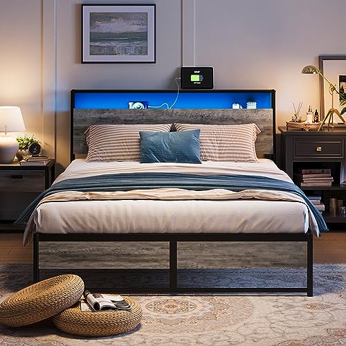 LINSY Full Size Bed Frame with Ergonomic Headboard & RGB Lights, Platform Metal Bed Frame with Outlets & Charger, 45 Minutes Fast Assembly Bed Full with Storage, No Box Spring Needed, Greige