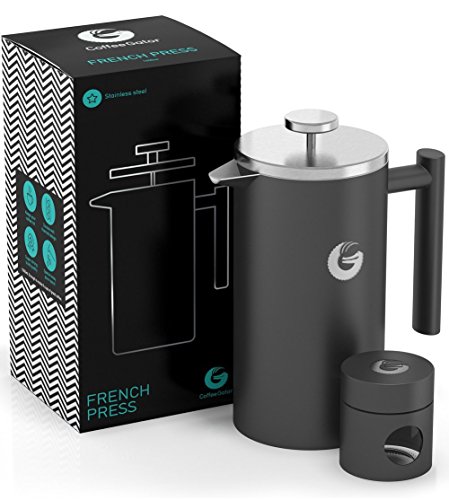 Coffee Gator French Press Coffee Maker - Thermal Insulated Brewer Plus Travel Jar - Large Capacity, Double Wall Stainless Steel - 34oz - Gray