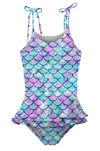 Little Girls Swimsuit 6-8 Years Old One Piece Bathing Suit Quick Drying Mermaid Scales Ruffles Swimwear