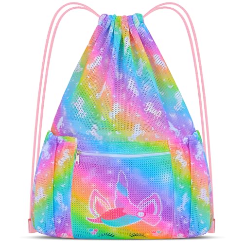 Mesh Drawstring Backpack Bag with Zipper Pocket Beach Bag for Swimming Gear Backpack Gym Storage Bag for Kids Large