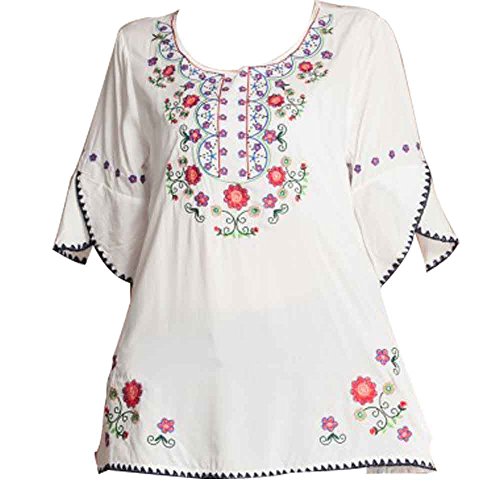 Ashir Aley Bell Sleeve Womens Girls Embroidered Peasant Tops Mexican Bohemian Blouses (XL,White)