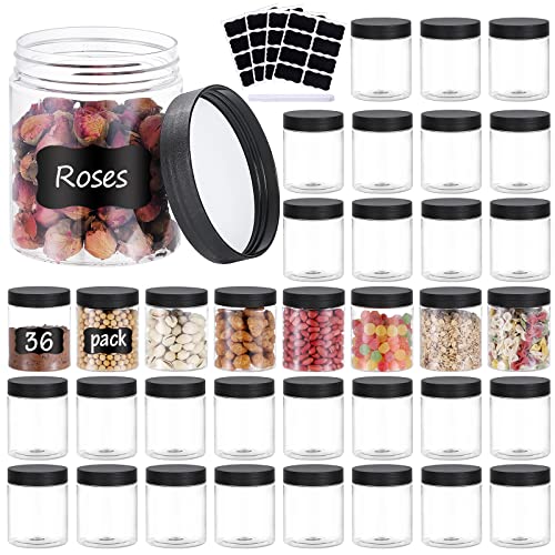 36PCS 8OZ Plastic Jars with Screw On Lids, Pen and Labels Refillable Empty Round Slime Cosmetics Containers for Storing Dry Food, Makeup, Slime, Honey Jam, Cream, Butter, Lotion (Black)