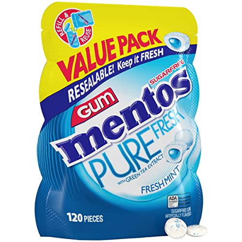 Mentos Pure Fresh Sugar-Free Chewing Gum with Xylitol, Fresh Mint, 120 Piece Bulk Resealable Bag (Pack of 1)