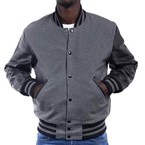 Varsity Base Letterman Jacket (Grey Wool, Black Leather, Medium)