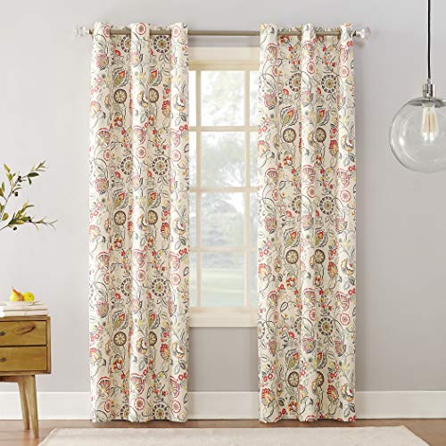 Sun Zero Jorah Botanical Print Thermal Insulated Energy Efficient Grommet Curtain Panel, 40' x 84', Linen