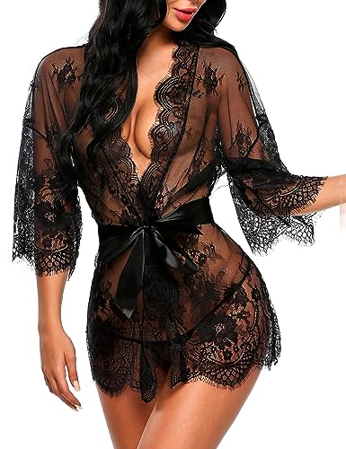 Avidlove black lace robe women Women's Lace Kimono Robe Babydoll Lingerie Mesh Nightgown Black S