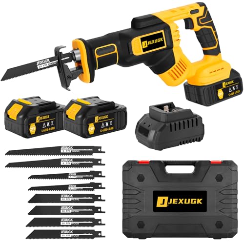 JEXUGK Reciprocating Saw Cordless, 21V 2 x 4.0Ah Battery Brushless Power Cordless Saw, 0-3500 SPM Variable Speed, 8 Saw Blades & Fast Charger Reciprocating Saws for Wood/Metal/PVC Cutting