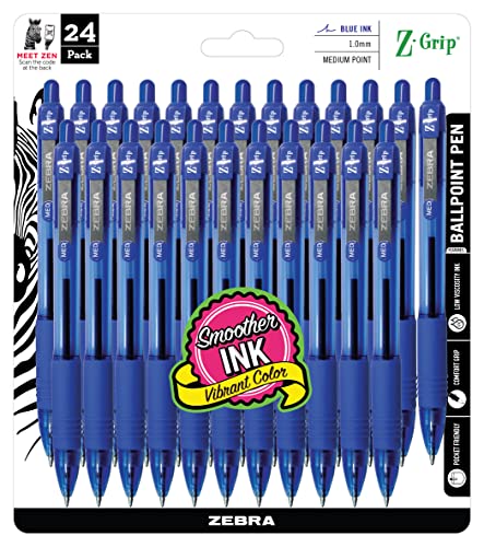 Zebra Pen Z-Grip Retractable Ballpoint Pen, Medium Point, Blue Ink, 24-Pack, Model Number: 12225